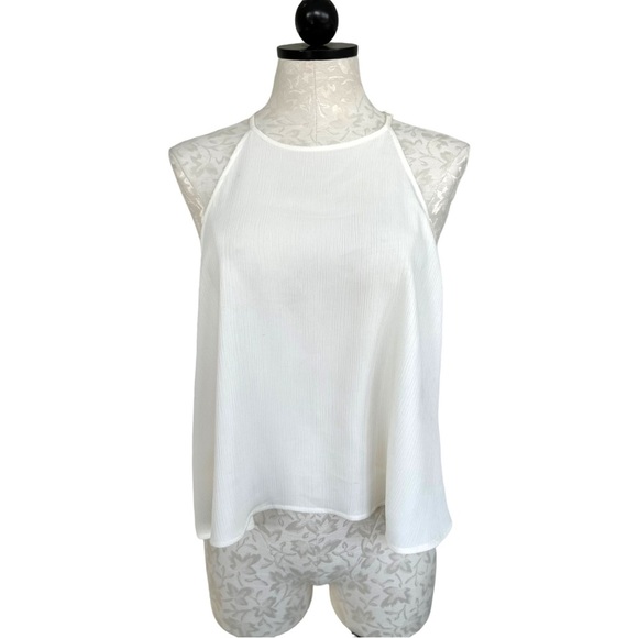 Monki Ivory Sheer Crinkle Swing Tank Sleeveless Blouse Button Shoulder Sz Large - Picture 1 of 15